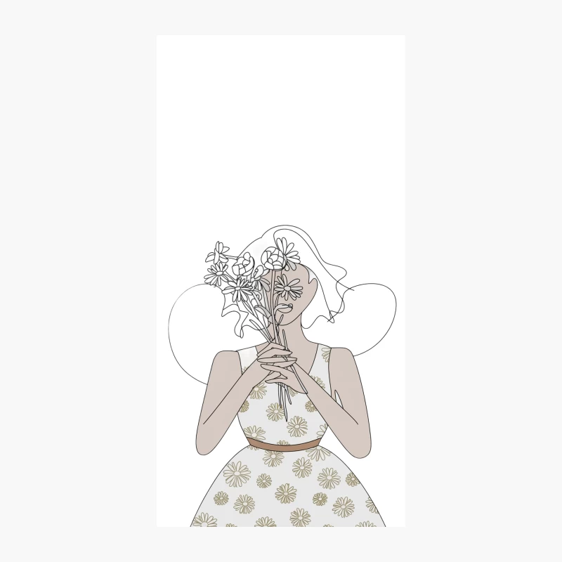 Elegant Line Art Illustration: Woman in Floral Dress Holding Bouquet iPhone Case