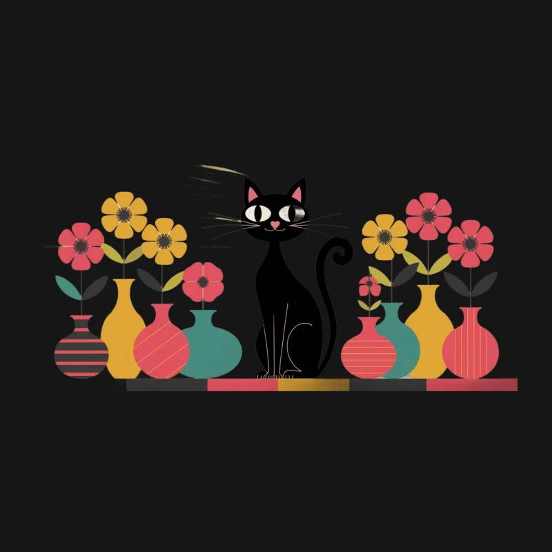 Retro Cat and Flowers: Mid-Century Modern Illustration Desk Mat