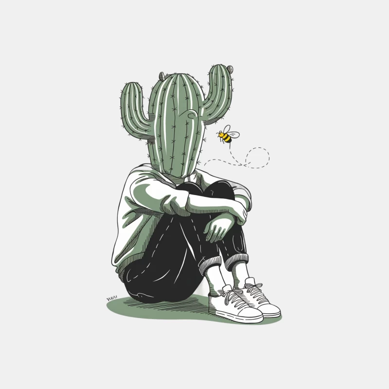 Surreal Cactus-Headed Figure: Urban Loneliness Illustrated Male Tank Top