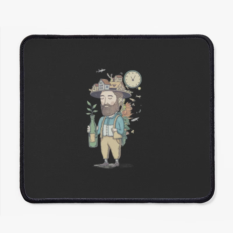 Quirky Illustration of Bearded Man Blending Urban and Natural Elements Mouse Pad