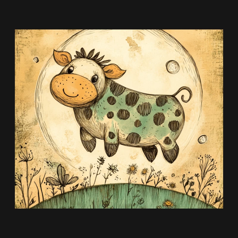 Whimsical Cartoon Cow Floating Over Moonlit Meadow Mouse Pad
