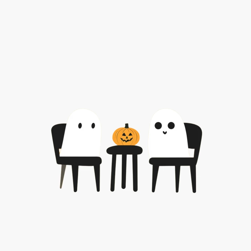 Cute Minimalist Halloween Scene with Ghost Chairs and Pumpkin Cotton Tote Bag