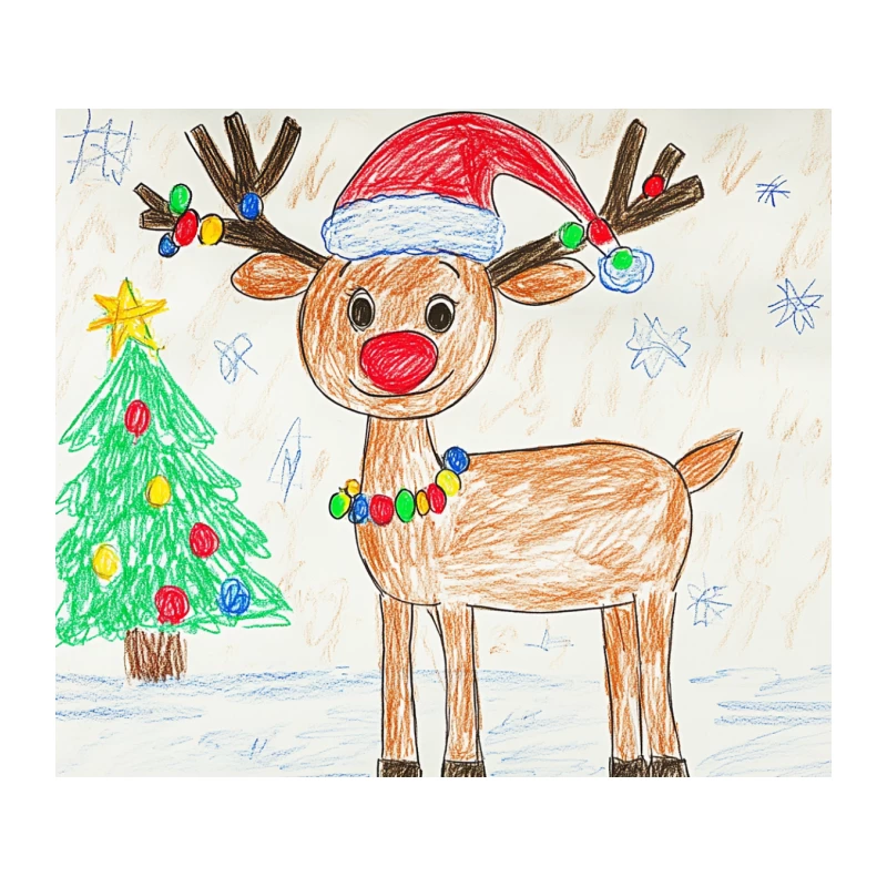 Child's Drawing of Rudolph the Reindeer with Christmas Tree Tapestry