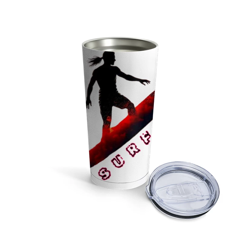 Dynamic Surfer Silhouette with Red Wave Effect Travel Mug