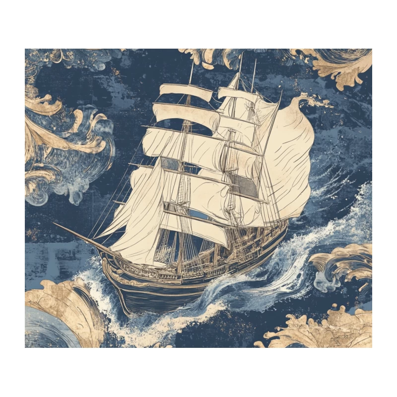 Vintage Nautical Illustration of Sailing Ship on Stormy Seas Tapestry