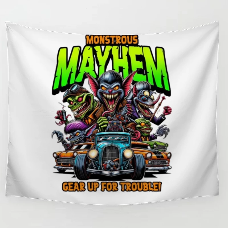 Monstrous Mayhem: Hot Rod Monsters Racing Retro Design Tapestry