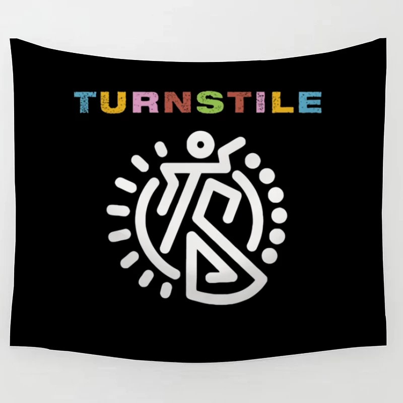 Colorful Turnstile Logo Design with Geometric Pattern Tapestry