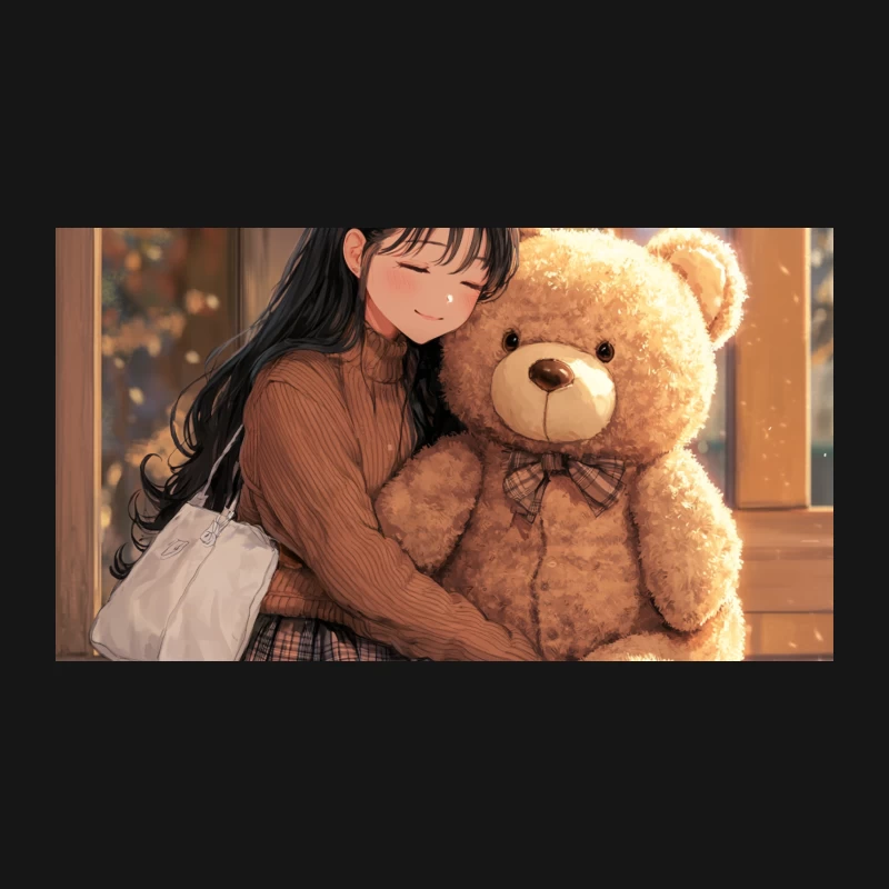 Cozy Anime Schoolgirl Hugging Teddy Bear by Sunlit Window Desk Mat