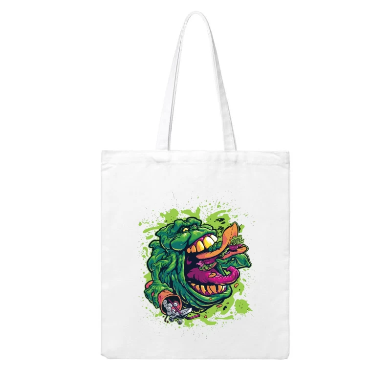 Colorful Monster Eating Food Illustration Cotton Tote Bag