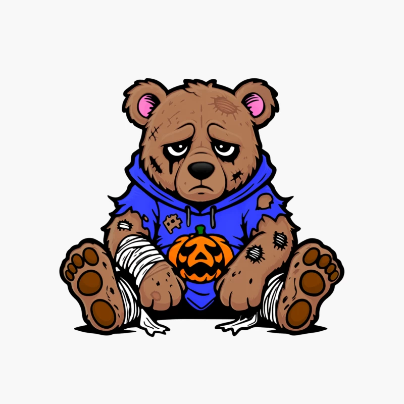 Sad Injured Teddy Bear in Blue Hoodie with Halloween Pumpkin Cotton Tote Bag