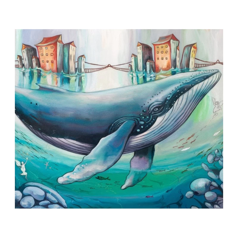 Surreal Underwater Cityscape with Giant Whale Tapestry