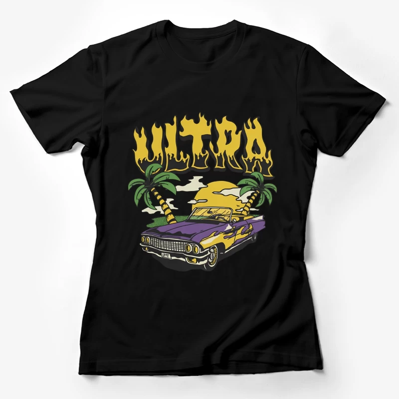 Cooles Auto mit Palmen und Sonnenuntergang Damen T-Shirt