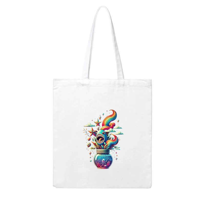 Whimsical Rainbow Sea Monster in a Magical Glass Jar Cotton Tote Bag