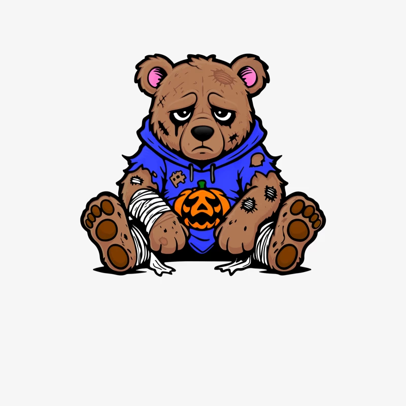 Sad Injured Teddy Bear in Blue Hoodie with Halloween Pumpkin Male Long Sleeve T-Shirt