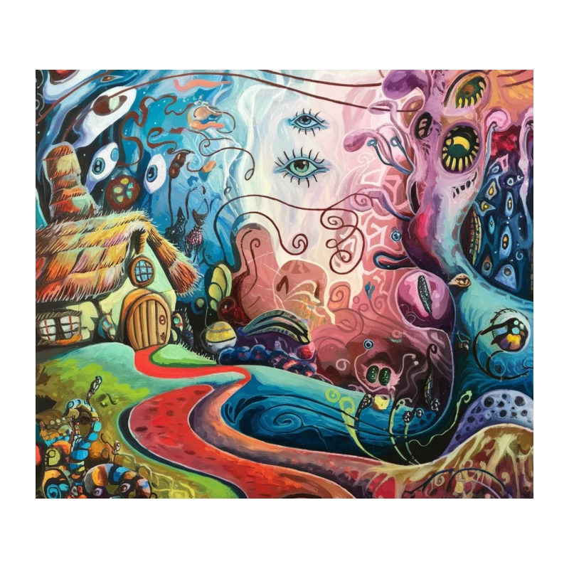 Surreal Psychedelic Fantasy: A Colorful Abstract Landscape Tapestry