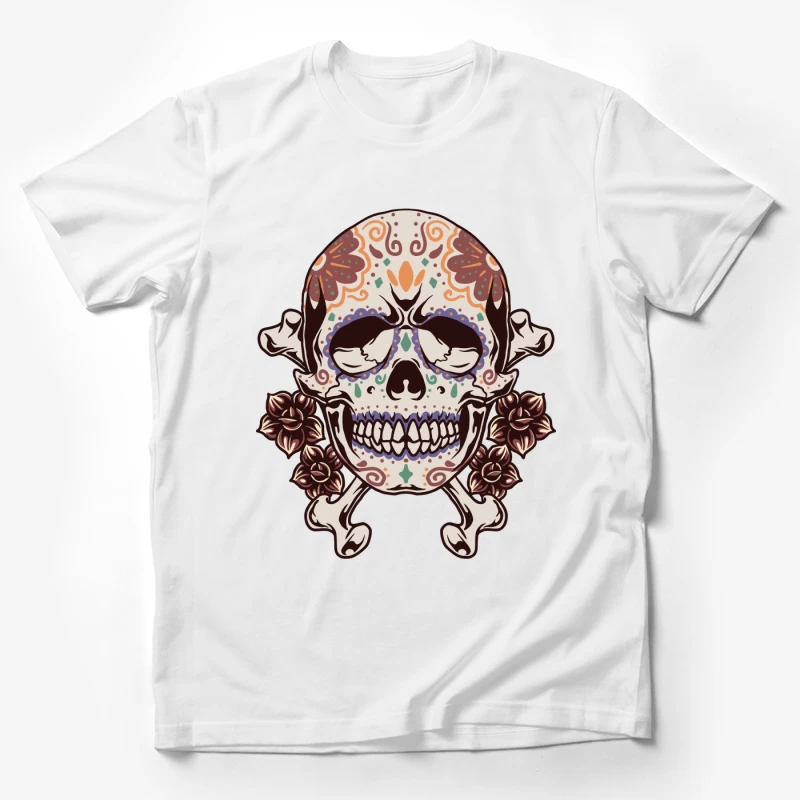 Decorative Skull with Crossbones and Floral Elements Male T-Shirt