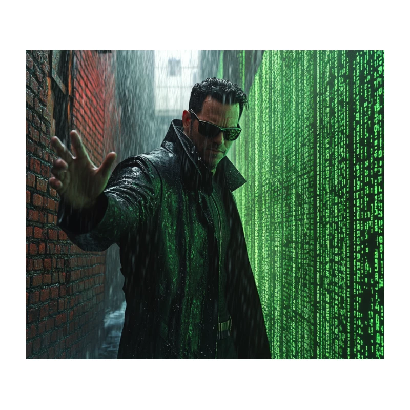 Cyberpunk Matrix Scene with Digital Rain and Leather-Clad Figure Tapestry