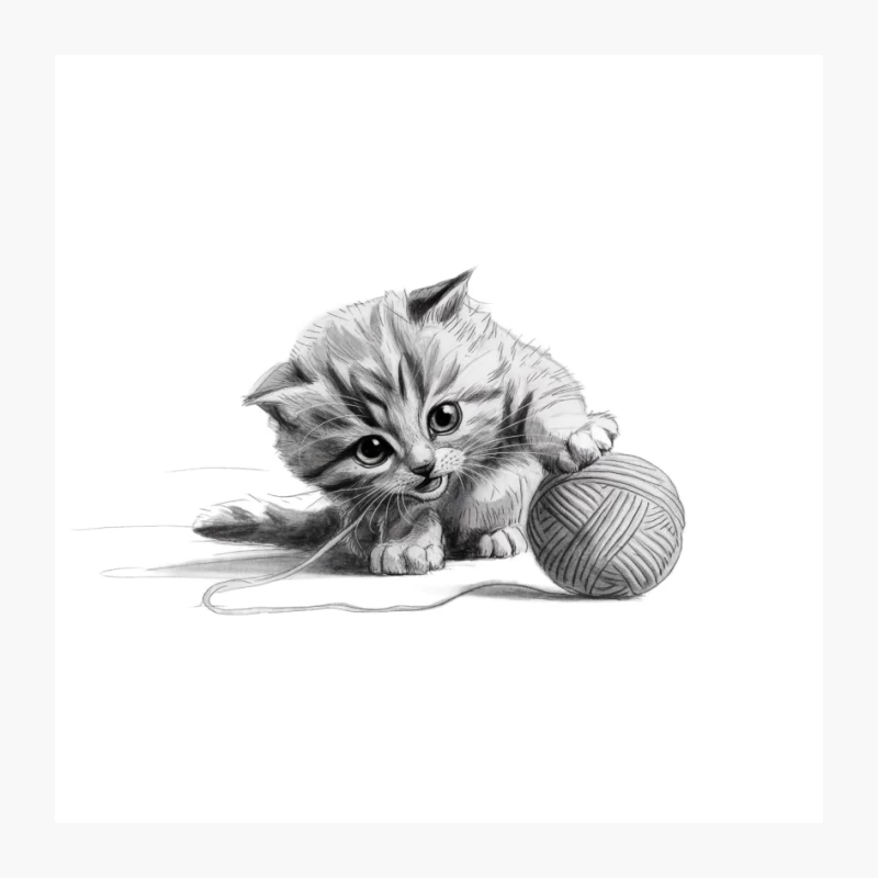 Adorable Kitten Playing with Yarn Ball in Charming Sketch Pin