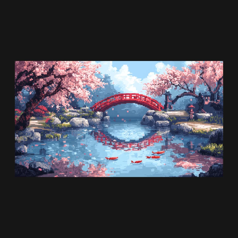 Pixel Art of Tranquil Japanese Garden with Cherry Blossoms and Red Bridge Desk Mat