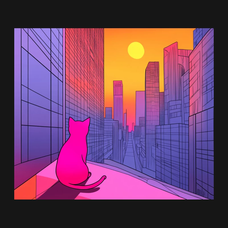 Neon Cat Watching Retro Vaporwave Cityscape at Sunset Mouse Pad
