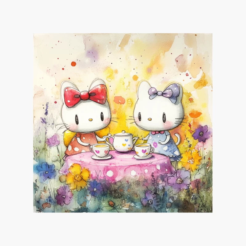 Hello Kitty's Whimsical Watercolor Tea Party Cotton Tote Bag