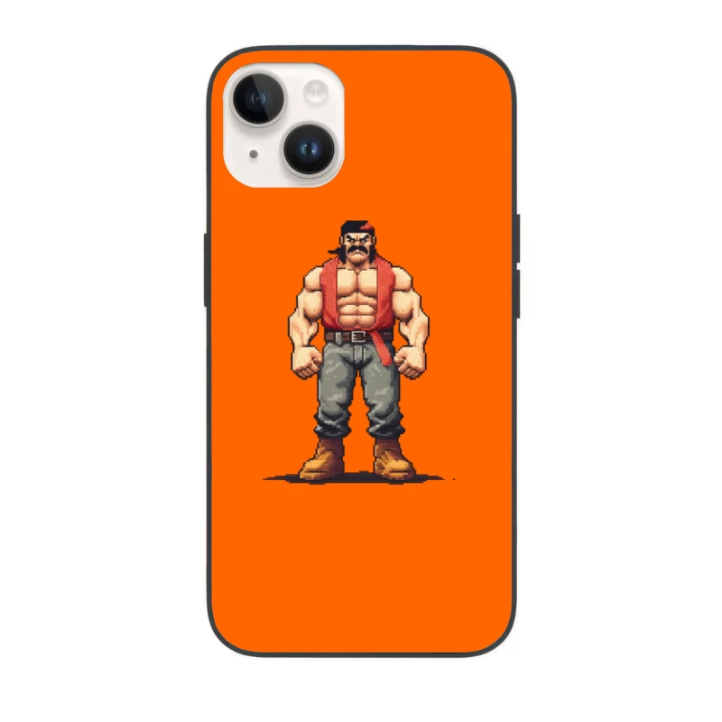 Retro Pixel Art Muscular Fighter in Red Vest iPhone Case