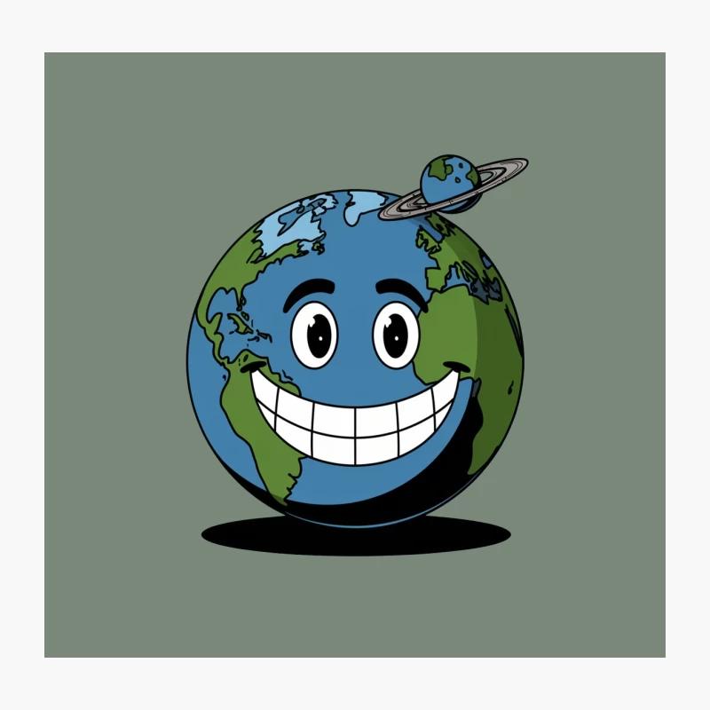 Happy Cartoon Earth Globe with Smiling Face and Mini Planet Ring Throw Pillow