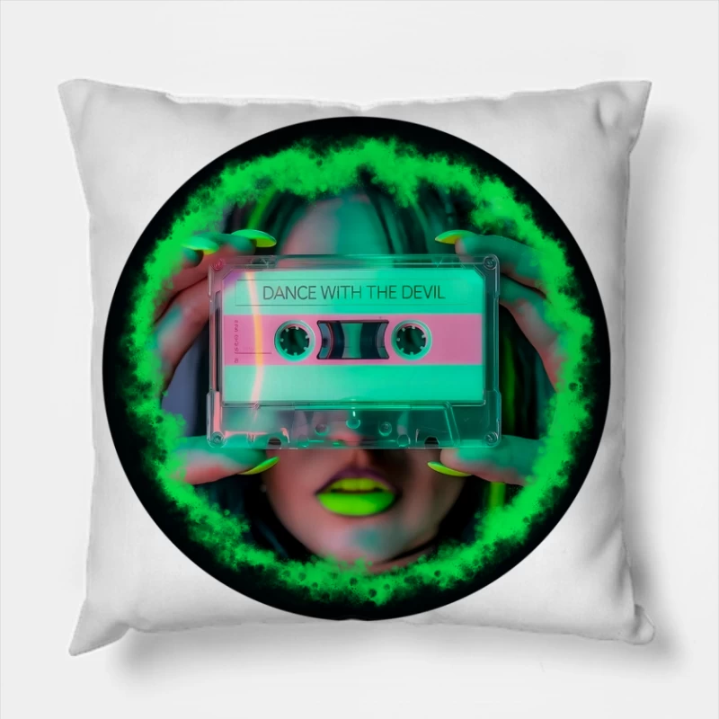 Neon Retro Cassette: Dance with the Devil Throw Pillow