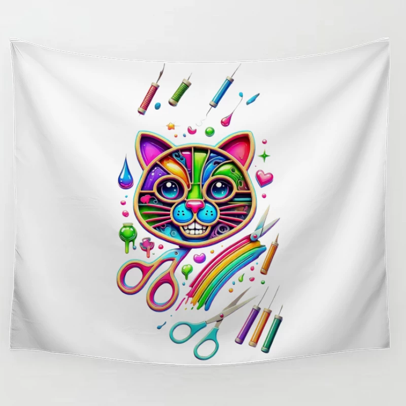 Rainbow Pop Art Cat with Creative Art Supplies Tapestry