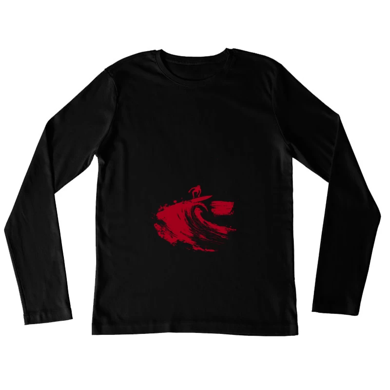 Red Minimalist Surfer Riding Ocean Wave Female Long Sleeve T-Shirt