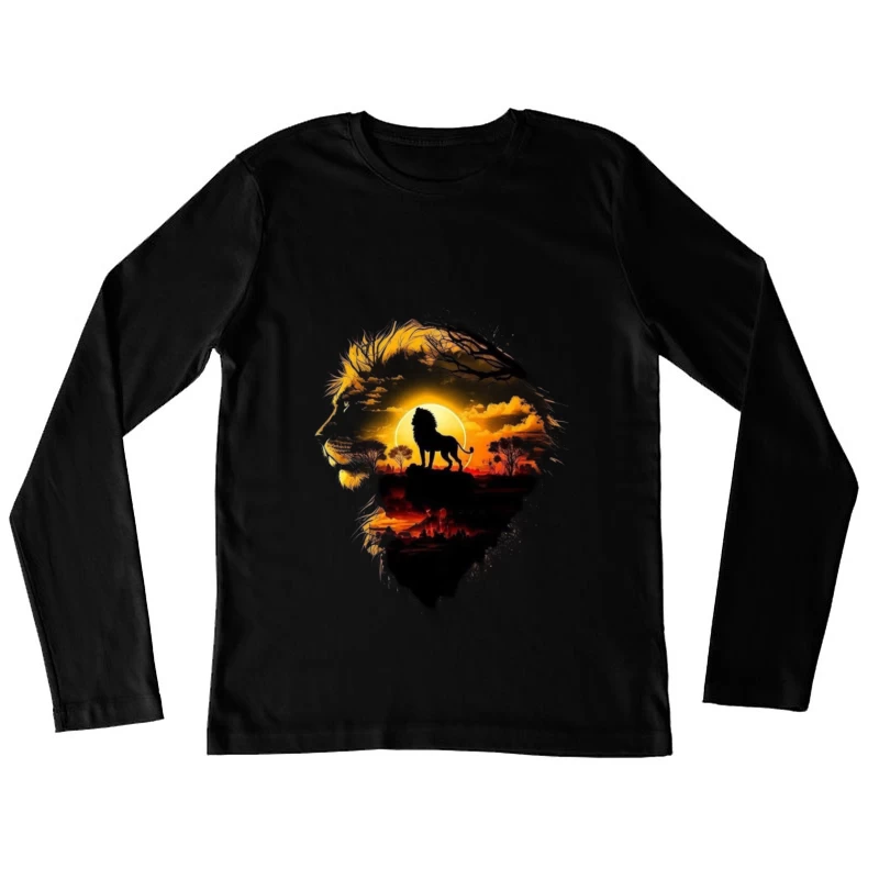 Majestic Lion Silhouette with Sunset Landscape Female Long Sleeve T-Shirt