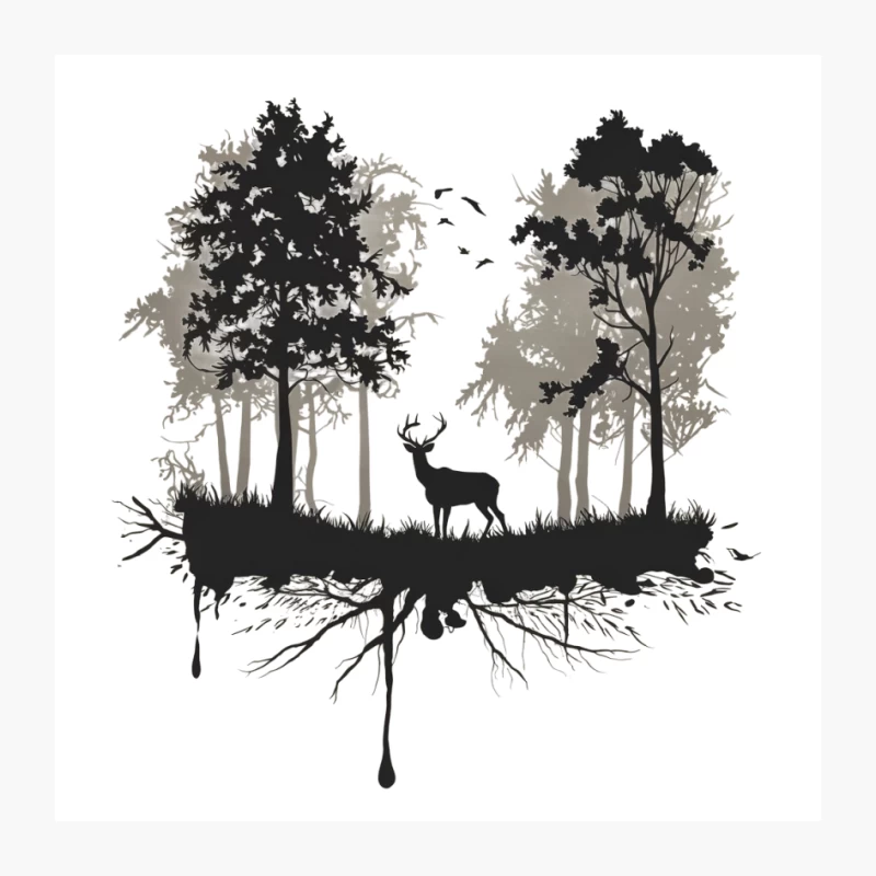 Abstract Forest Silhouette with Deer and Trees Pin