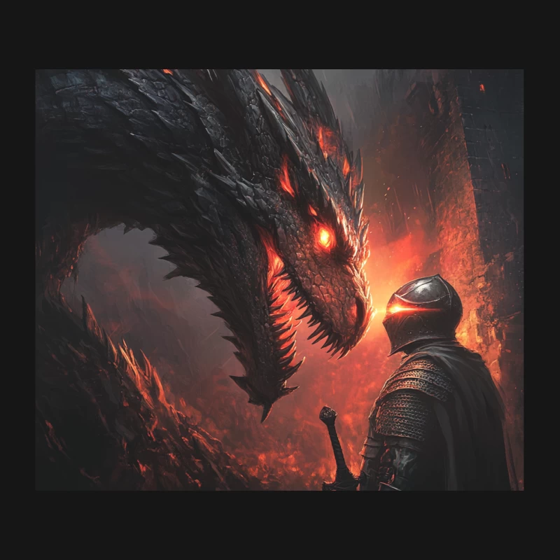 Epic Confrontation: Knight Faces Fiery Dragon in Dark Fantasy Battle Mouse Pad