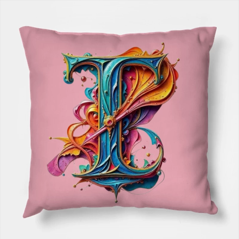 Ornate Colorful Letter T Typography with Decorative Flourishes Throw Pillow