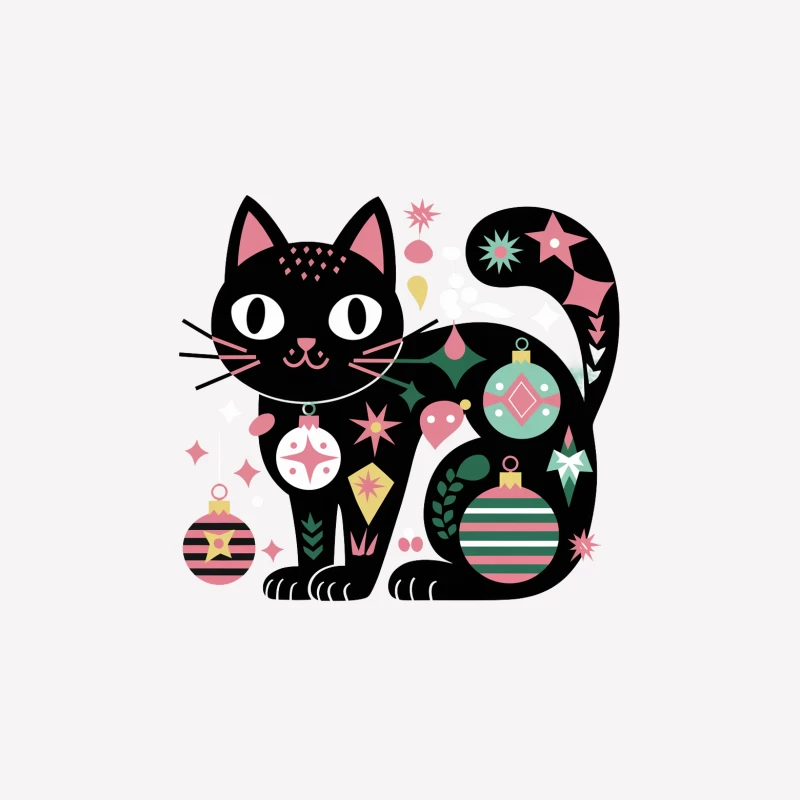 Festive Black Cat with Christmas Ornaments Illustration Male T-Shirt