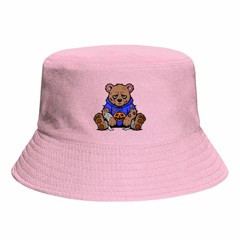 Sad Injured Teddy Bear in Blue Hoodie with Halloween Pumpkin Bucket Hat