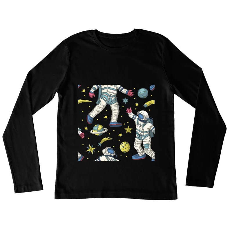 Astronauten und Weltraumelemente Muster Damen Langarm T-Shirt