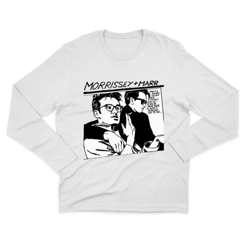 Black and White Comic Style Portrait of Morrissey and Marr with Dark Humor Quote Male Long Sleeve T-Shirt