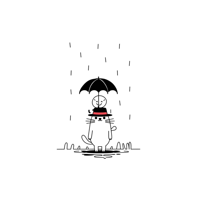 Whimsical Cat with Umbrella in Minimalist Rainy Scene Tapestry