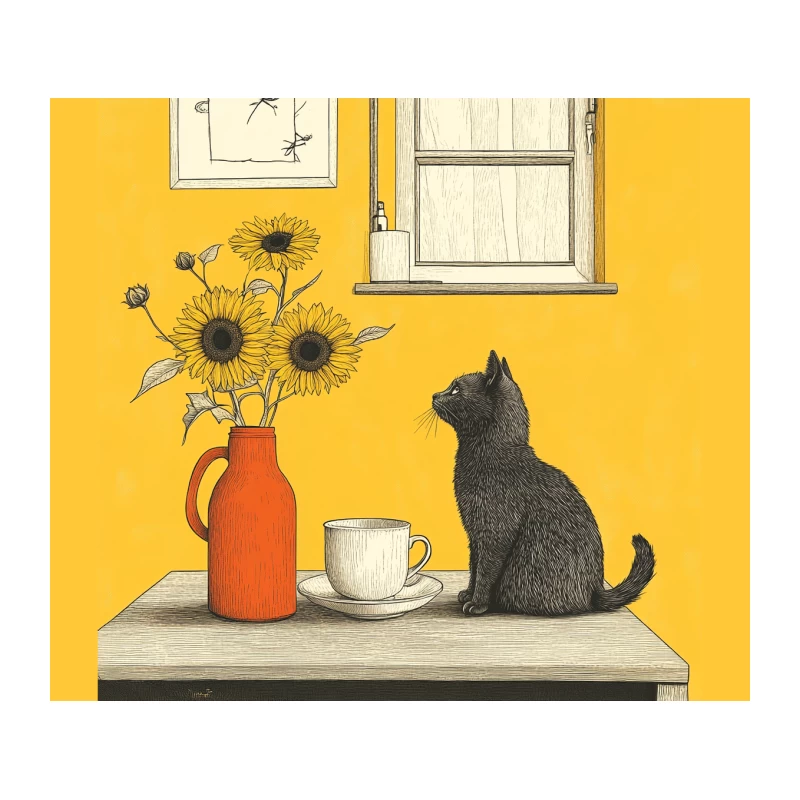 Contemplative Cat with Sunflowers in Yellow Room Tapestry