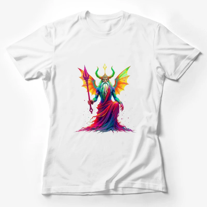 Rainbow-Hued Horned Deity with Dragon Wings Female T-Shirt