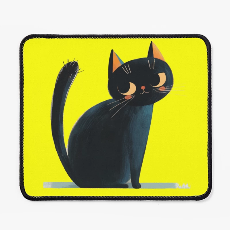 Adorable Black Cat Cartoon Illustration with Orange Ears Mouse Pad