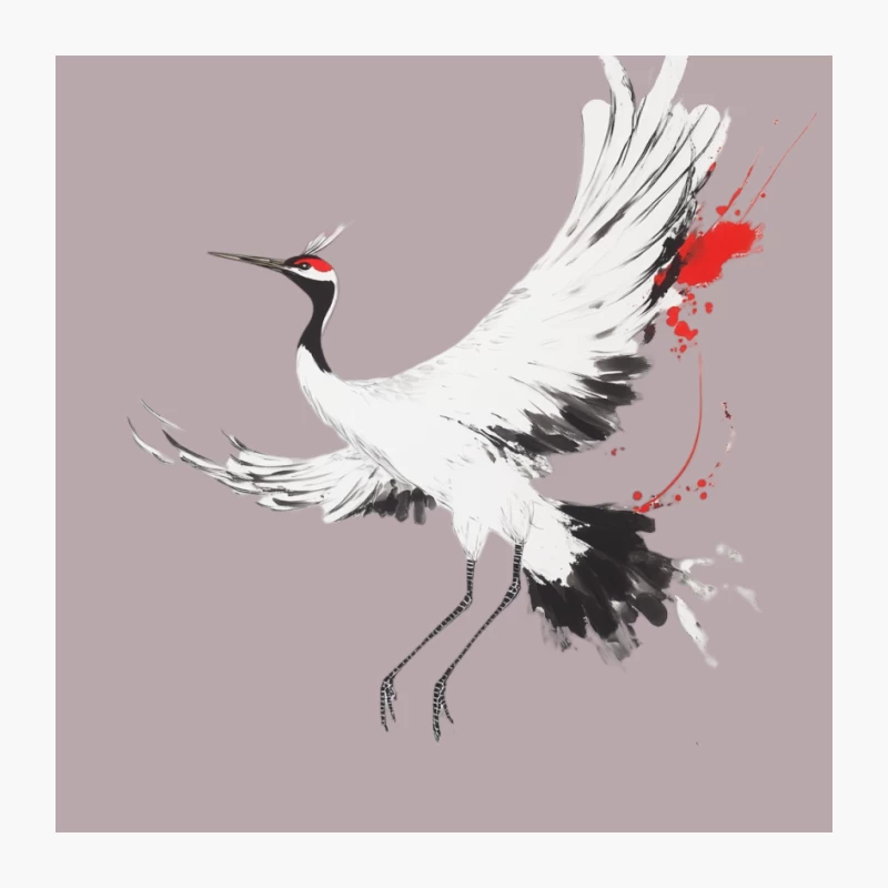 Minimalist Japanese-Style Ink Painting of Crane with Red Splash Pin