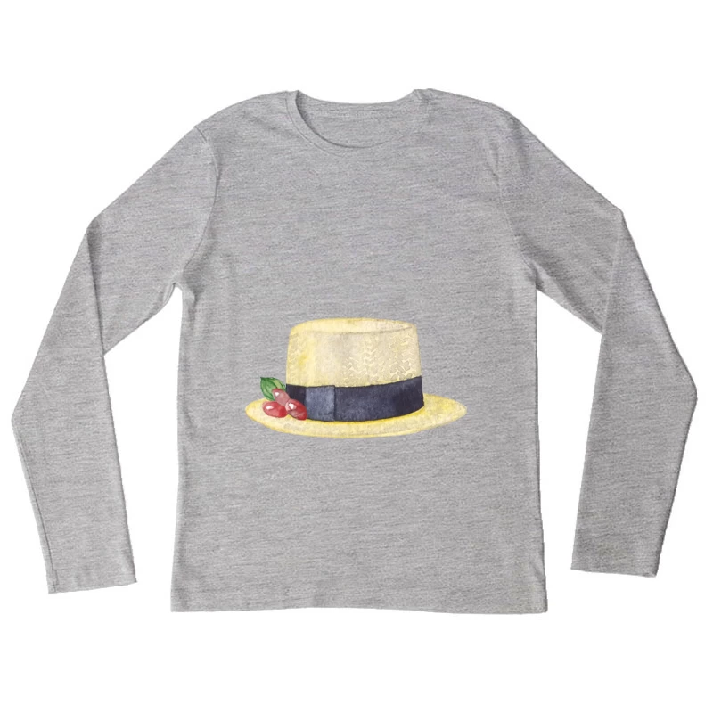 Chapeau Paille Élégant avec Ruban et Baies Femme Manches Longues T-Shirt