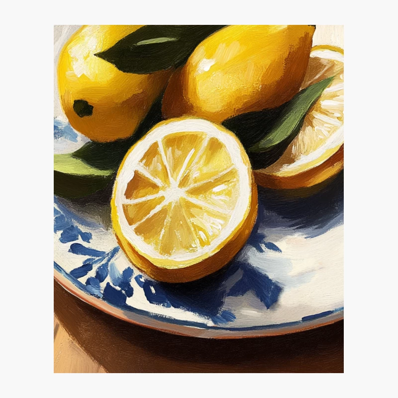 Vibrant Lemon Still Life Painting on Blue and White Plate Cotton Tote Bag
