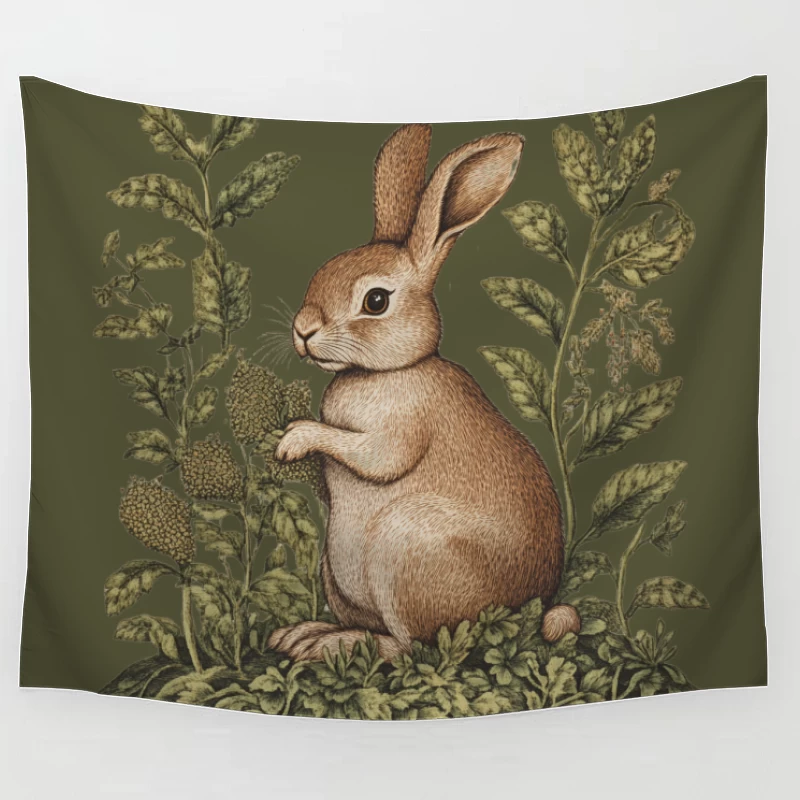 Vintage Botanical Illustration of a Rabbit in Nature Tapestry