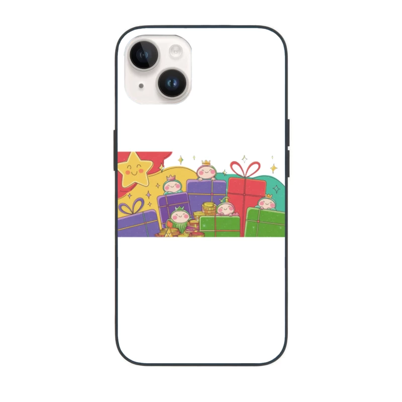 Cute Cartoon Characters Celebrate with Festive Gifts and Stars iPhone Case