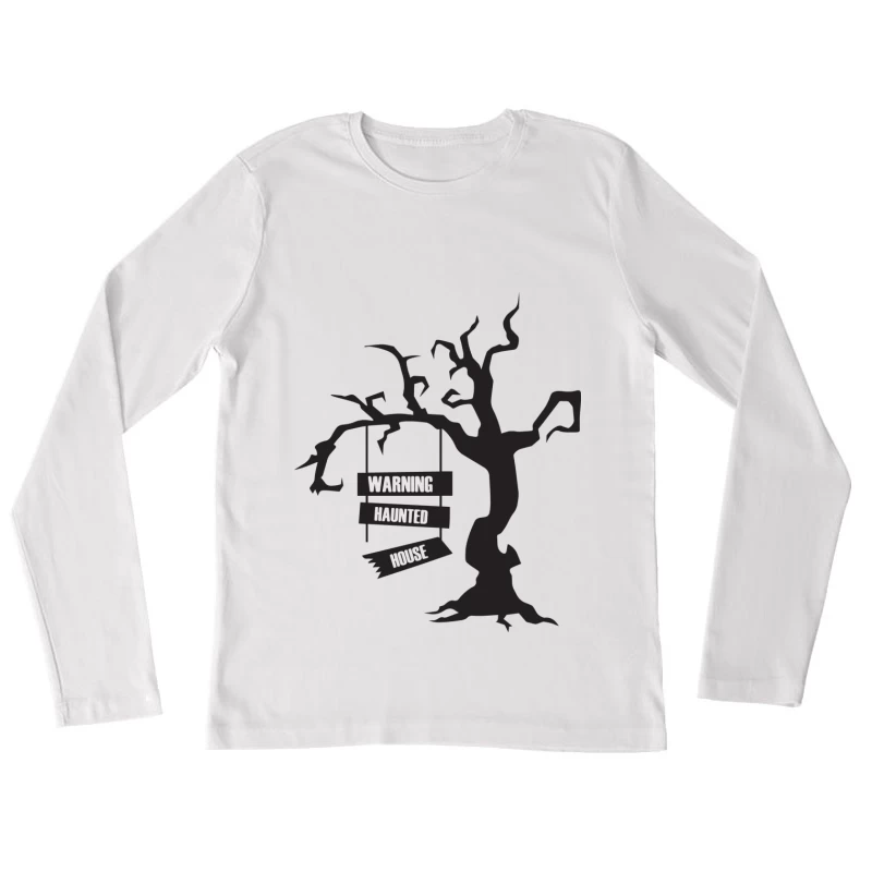 Arbre Sinistre avec Avertissement de Maison Hantée Femme Manches Longues T-Shirt