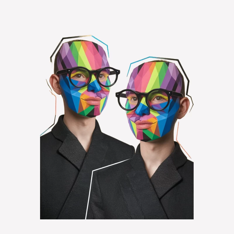 Vibrant Geometric Portraits: Colorful Faces in Suits Male T-Shirt