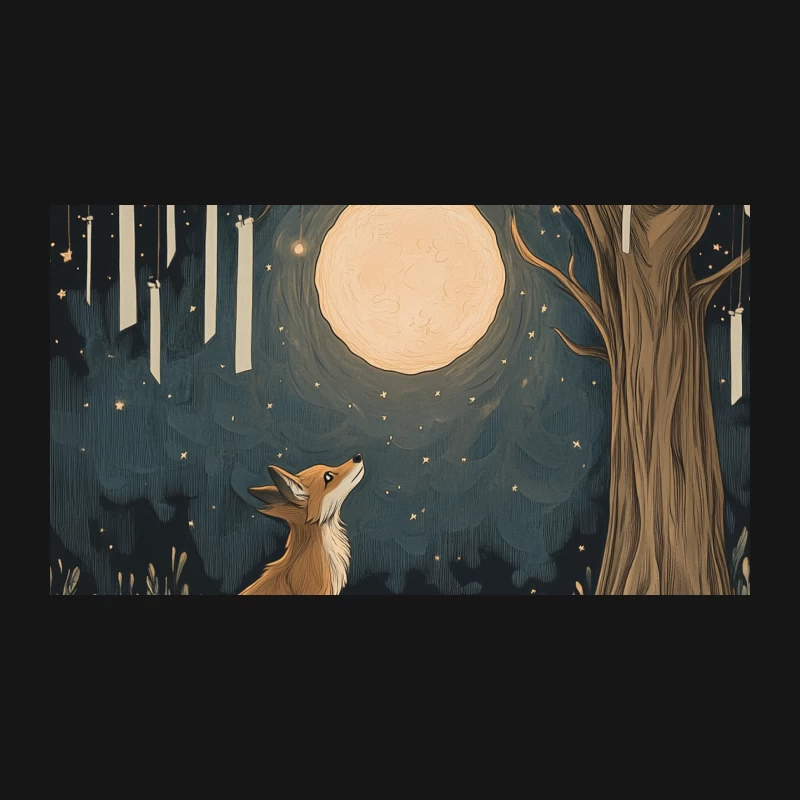 Whimsical Fox Gazing at Moon in Starry Night Forest Desk Mat